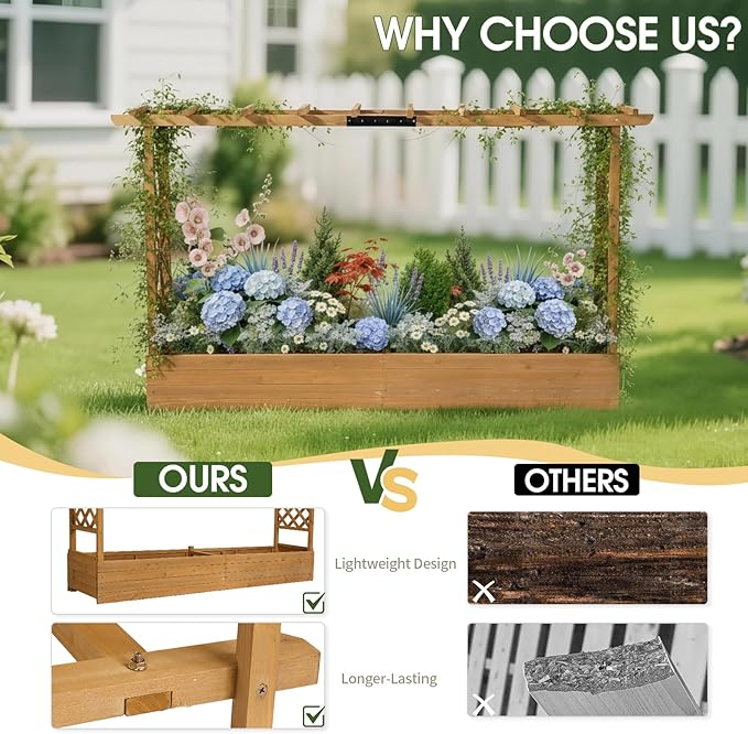 Outvita 45" Raised Garden Bed with Trellis, Wood Planter Box with Hanging Roof, Side Trellis and Drainage Holes, Above Ground Elevated Garden Bed for Outdoor Climbing Plants Vegetables(Teak Color)