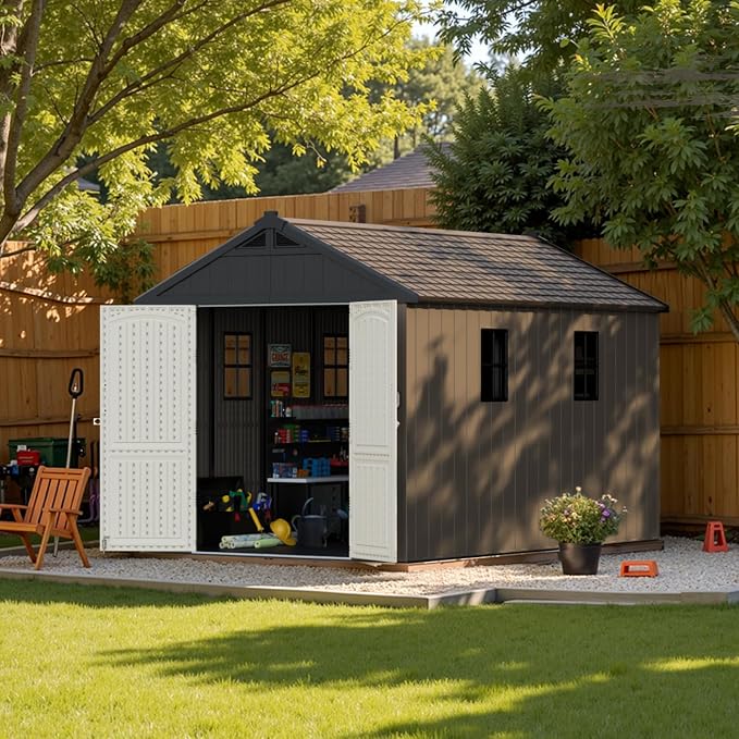 Patiowell 8 x 12 FT Plastic Outdoor Storage Shed with Floor, Resin Shed with Window and Lockable Door for Garden, Backyard, Tool Storage Use, Easy Assemble, Gray (Kick-it Shed)