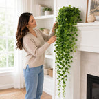 36" Faux Hanging Ivy Plant in Minimalist White Pot, Fake Pothos Artificial Hanging Plant with 168 Lush Leaves & Pebble Topping, Fake Greenery for Shelf Bathroom Office Decor, 1 Pack