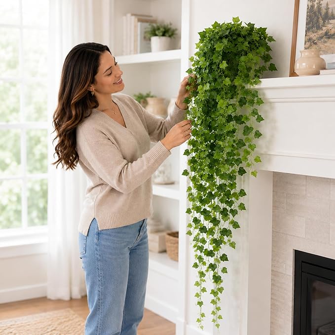36" Faux Hanging Ivy Plants in White Pots, 2 Pack Fake Pothos Artificial Hanging Plants with 168 Leaves Each & Pebble Topping, Fake Greenery Decor for Shelf Bathroom Office Living Room