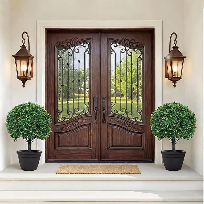 PATIO CHOICE Topiary Trees Artificial Outdoor Boxwood Ball Trees with Ground Spike Set of 2 22" Fake Outdoor Plants Faux Bushes and Shrubs Decorations for Outdoor Indoor Front Porch Garden