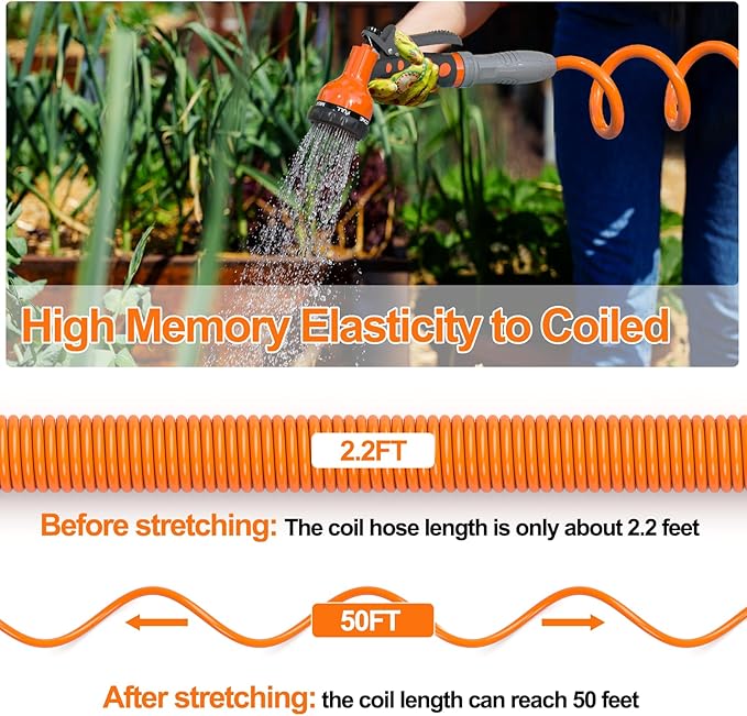 SPECILITE 3/8” Lightweight Coil Garden Hose 50 FT, EVA Retractable Curly Water Pipe with 6-Pattern Spray Nozzle for Boat, Greenhouse, Yard, Patio (Orange)