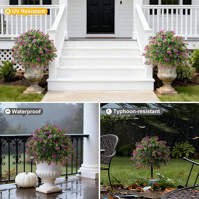 Bailikang 2PCS Artificial Rose Boxwood Topiary Ball Bush with Ground Spike Fake Evergreen Shrubs Bushes Plants UV Resistant Faux Greenery Shrubs, Fake Rose&Green Boxwood Plants for Garden, Yard, Porch