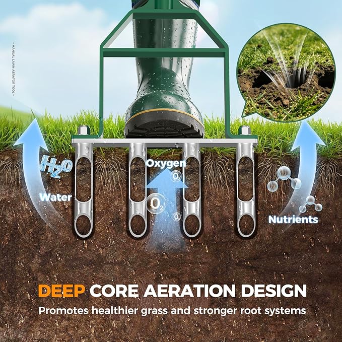 Suntee Lawn Aerator Tool, Manual Core Aerator Lawn Tool with 4 Stainless Steel Hollow Tines, Adjustable Height Semi-Assembled Heavy Duty Steel Grass Aeration for Lawn Care, Green