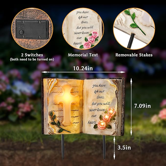 KARTOOSH Solar Bible Cross Garden Statue, Memorial Cross Flower Light with Stakes, Grave Decoration Gift for Cemetery Yard Lawn Patio Pathway Outdoor Decor