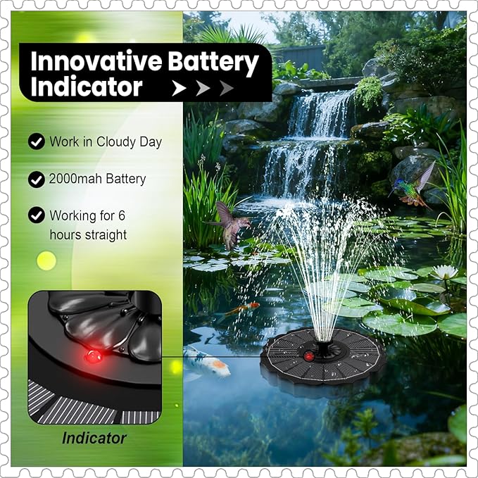 Yzert Solar Fountain with 2000mAh Battery & Innovative Indicator Works in Cloudy Day, 3.5W 2026 Glass Solar Water Fountain Pump Flower Shape with 7 Nozzles for Bird Baths, Ponds, Outdoors (Black)
