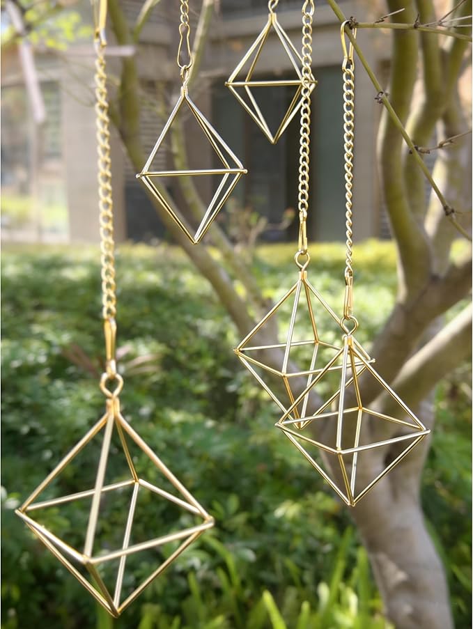 Gold Air Plant Holders with Chains, Set of 6 Geometric Hanging Planters with Removable Links for Wall Decor, Indoor Home Ceiling Display for Tillandsia, Ferns
