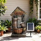 Solar Outdoor Water Fountain with Pump and Water Well 28.7 Inch High Rustic Barrel Cascading Waterfall Fountain, 3-Tier Garden Water Feature for Patio, Backyard, Yard & Outdoor Decor