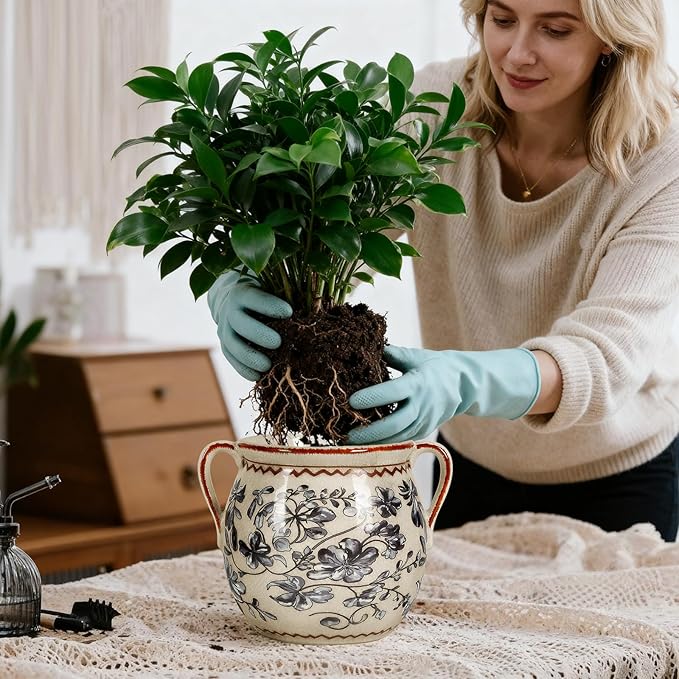 BUYMAX Ceramic Plant Pots for Indoor Plants with Drainage Hole, Vintage Crackle Glaze Hand-Painted Gray Flower Planter with Handles, Small Decorative Hanging Planter