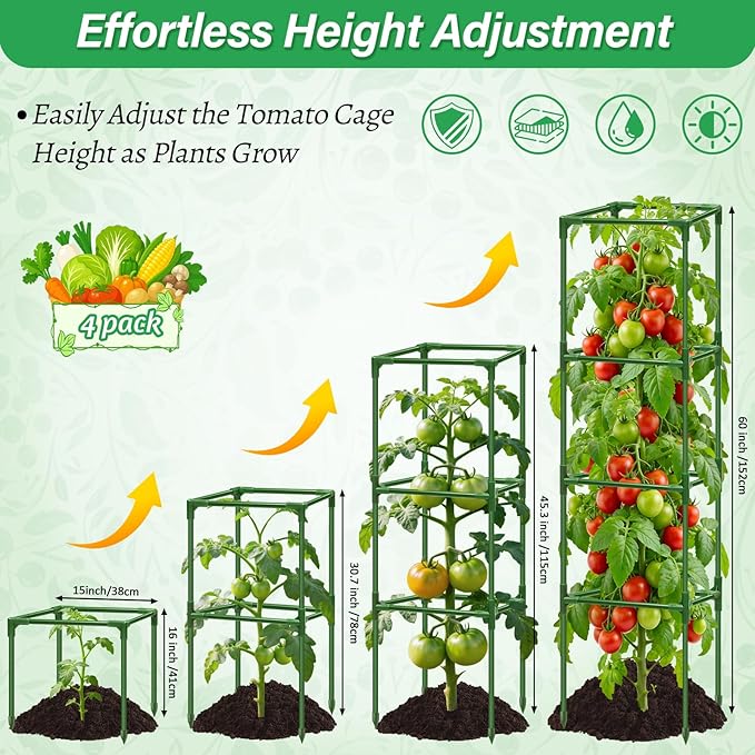 4 Pack Square Tomato Cages for Garden, 60 Inch Adjustable Tomato Stakes, Metal Tomato Trellis, Garden Plant Support for Potted Climbing Plants, Vegetables Flowers Fruits, Raised Garden Bed