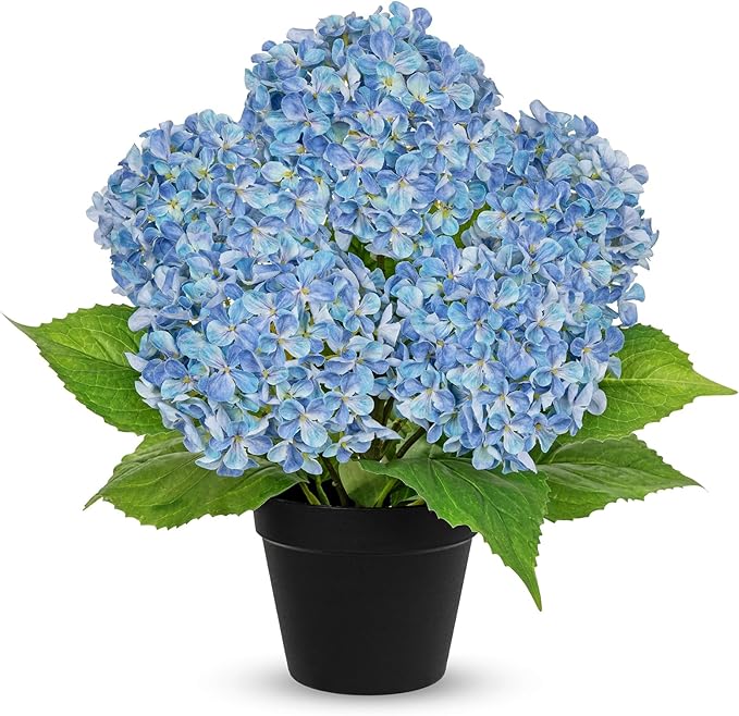 18" Hydrangea Artificial Flowers Plant in Black Plastic Pot, Fake Hydrangeas Plants for Home Office Indoor Outdoor Decor, Realistic Floral Centerpiece for Living Room & Porch Decorations, Blue
