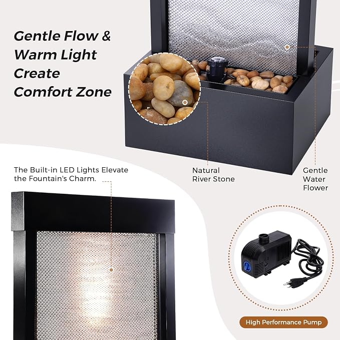 Jocoevol Mesh Panel Waterfall Fountain, Large Indoor Water Feature with Stones & Light, 63.4" Floor Standing Water Wall for Home Decor, Living Room, Patio, Outdoor Garden