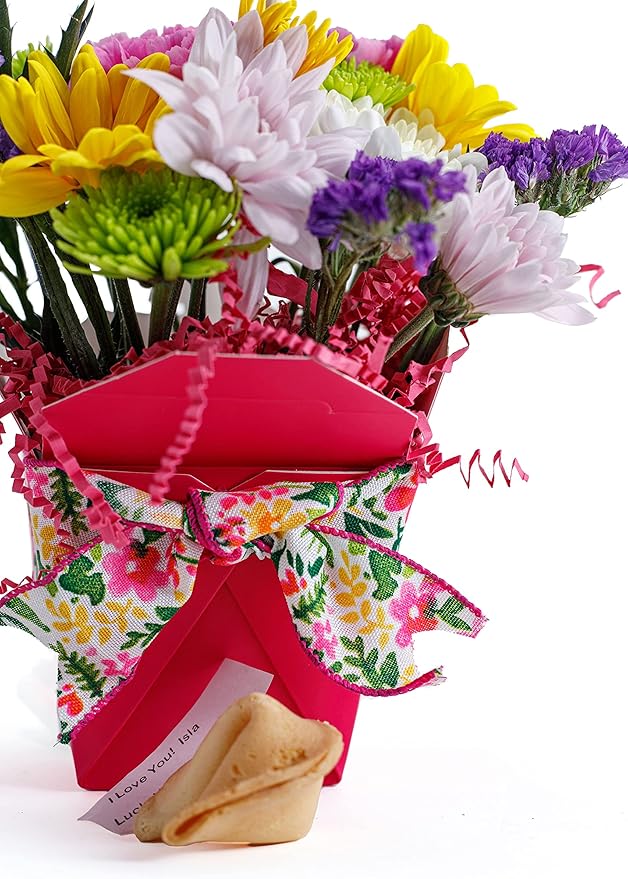 Summer Time Fresh Cut Live Flowers Arranged in a Takeout Container with Your Personal Message Tucked Inside a Fortune Cookie