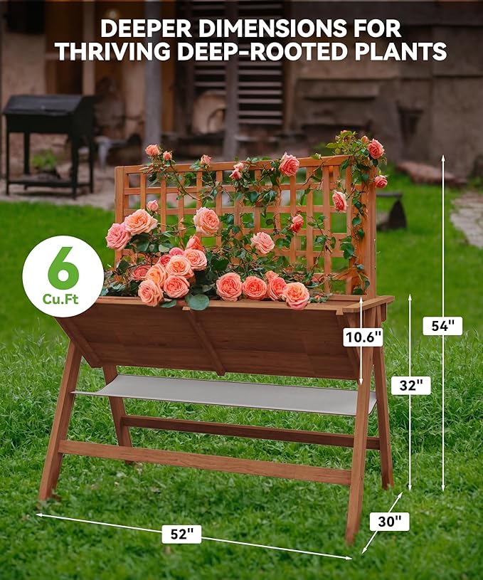 GarveeLife 52x30x54 Inch Tall Elevated Garden Bed with Legs, Standing Raised Planter Box with Climbing Trellis for Vegetables Flowers Herbs, Outdoor Wooden Standing Garden Bed-Brown
