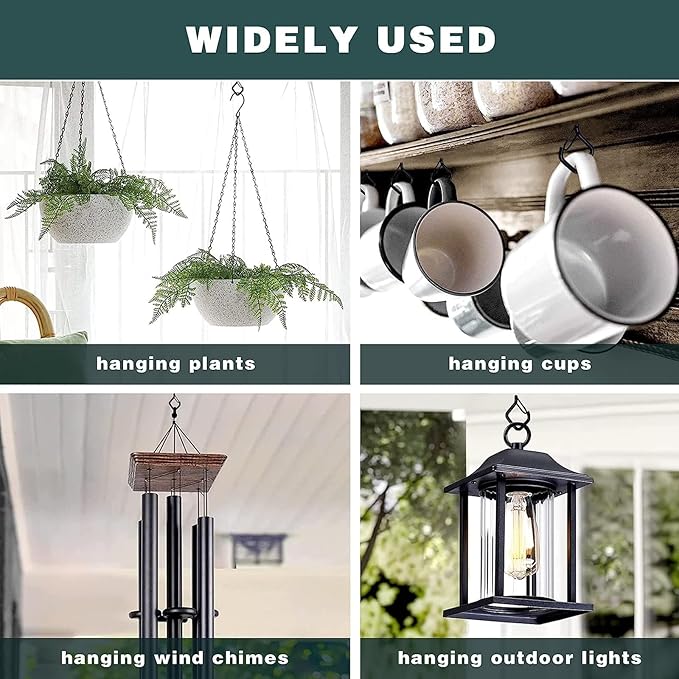 50 Pcs Outdoor Hooks for String Lights,Screw Hooks for Hanging Plants,Ceiling Hooks with Safety Buckle,Square Hanger for Wind Chimes,Bird Feeder,Lanterns,Christmas Decorations (Black)