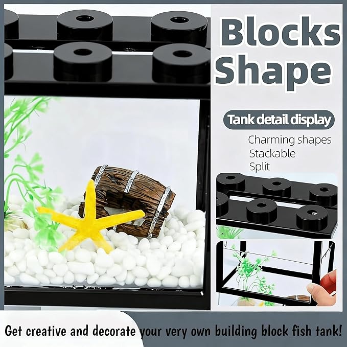 Small Betta Fish Tank, Stackable Mini Fish Tank Tiny Aquarium Kit with Aquarium Gravel & Resin Decorations, 0.6 Gallon Cube Desktop Fishbowl for Snails, Crabs, Starfish (Black)