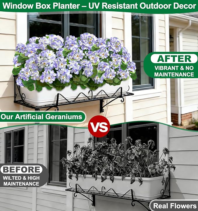 TURNMEON Artificial Geraniums Flowers for Outdoors Summer Decoration, 4 Bundles Fake Flowers Silk Purple Flowers UV Resistant No Fade Faux Plants for Planter Gardens Table Porch Indoor Cemetery Decor