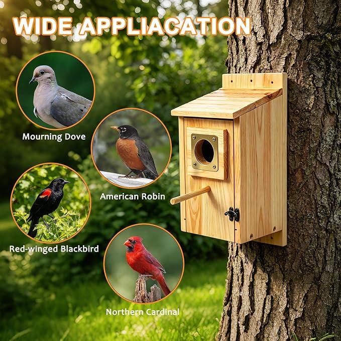 Bird Houses for Outside, Cedar Bluebird Houses with Metal Predator Guard, Birdhouse for Wren Bluebirds Finches Swallows,Ventilated Design & Easy Access Clean, Natural Wood