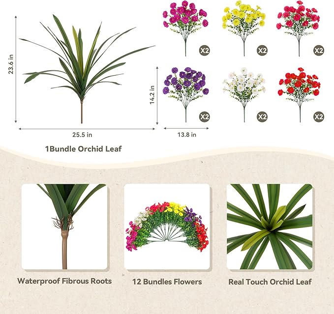 INXUGAO Artificial Flowers for Spring Outdoors Fake Plants Outside, 13 Bundles Silk Morning Glory with Eucalyptus UV Resistant Realistic Faux Flowers for Porch Planter Garden Patio Decor (Six Mixed)