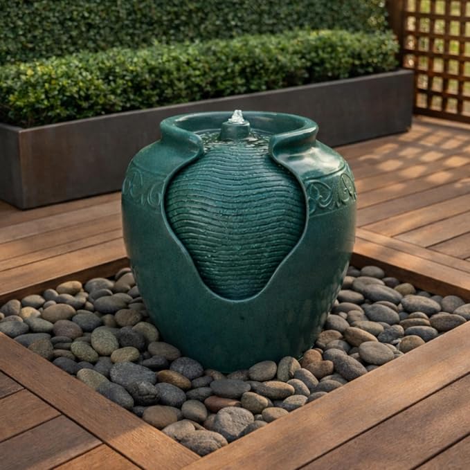 Teamson Home Floor Glazed Pot Water Fountain with Built-in LED Light and Pump for Outdoor Indoor Patio Garden Backyard Decking Home Décor, 17 inch Height, Teal