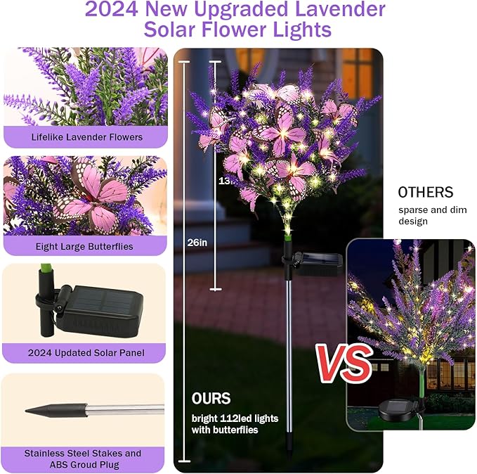 Solar Garden Lights Outdoor, 2 Pack Solar Butterfly Lights Purple Lavender Gardening Gifts for Women, Artificial Flower with Butterfly Purple Garden Decor for Lawn Patio-Warm White