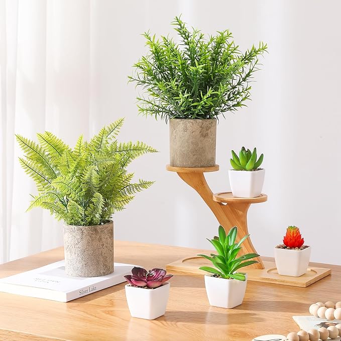 Veryhome 6Pcs Small Fake Plants - Mini Succulents Plants Artificial Greenery Potted Plant Indoor, Faux Rosemary Fern in Pots for Home Room Office Desk Table Shelf Bathroom Modern Farmhouse Decor