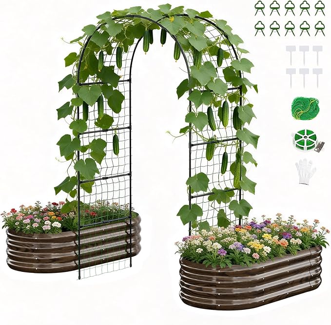 3 in 1 Galvanized Raised Garden Bed with 87" H Arch Trellis for Climbing Plants, Outdoor Gardening Planter Box with Climbing Net for Flower Vegetables Fruits Herbs, Wood Grain