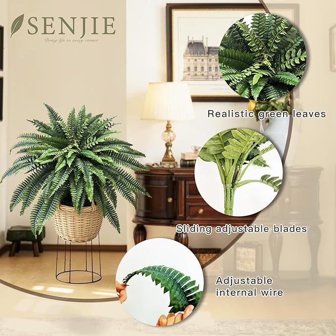 Senjie Artificial Boston Fern 2 Set Large 88 Branches Fake Ferns for Outdoors 48Inch Faux Plant for Home Living Room Office Decor