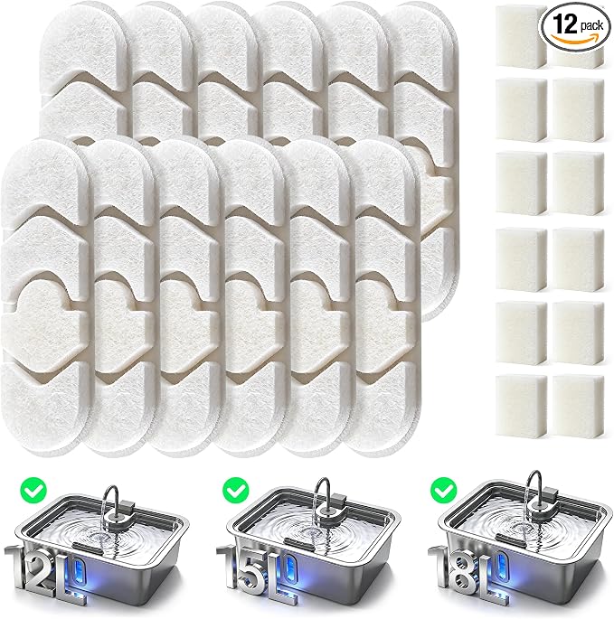 Dog Water Fountain Filter 12-Set, 12L/15L/18L Stainless Steel Dog Water Bowl Dispenser Filters, Pet Water Fountain Filters Set, 12 Filters and 12 Sponges