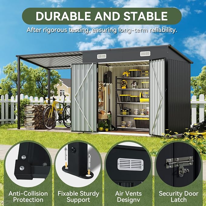 Aoxun 6x4FT Outdoor Storage Shed & Hardtop Gazebo Combo with Magnetic Sensor Lights, 12x4FT Metal Lean to Shed with Pergola, 2-in-1 Durable Garden Tool Shed for Patio, Backyard, Deck