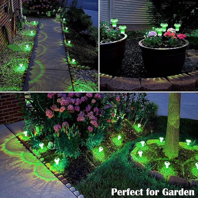 Priddop Solar Lights Outdoor Pathway Waterproof 8 Pack Green LED Green Stake Acrylic Mushroom Decorative Garden Lights for Yard Landscape Patio Outside Decorations