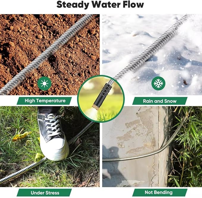 Garden Hose 100ft, Heavy Duty Stainless Steel Water Hose with 10 Functional Nozzles, No Kink, Lightweight and Flexible, Easy to Use and Store, Strong and Sturdy, Suitable for Yard and Lawn