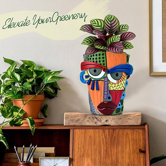Midogaigai Abstract Face Planter Pots for Plants,Hand-Painted Colorful Flower Pots with Drainage, Indoor Outdoor Garden Decor Gift(Modern,Large)