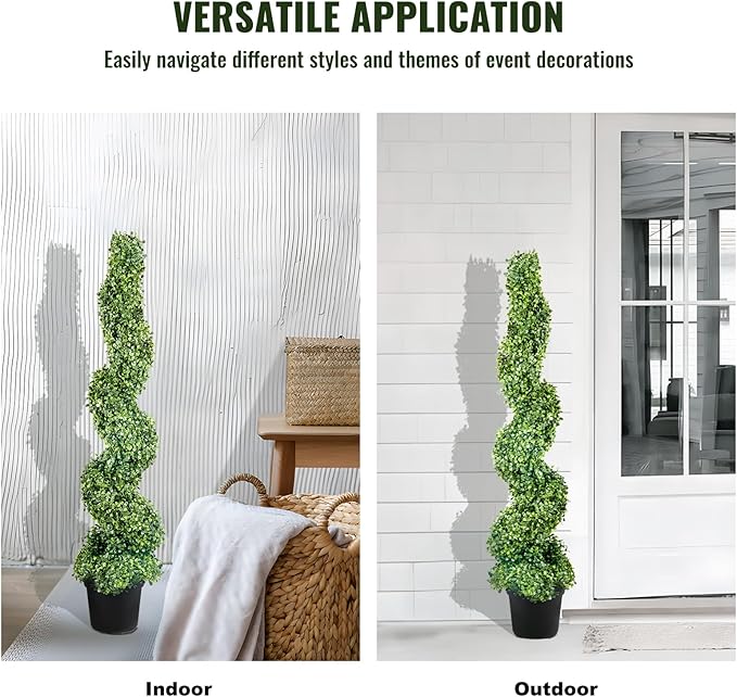 VEVOR Artificial Boxwood Spiral Topiary Trees, 4ft Tall (2 Pieces) Faux Plant Outdoor, All-Year Green Fake Plant with Replaceable Leaves for Decorative/Indoor/Porch/Garden
