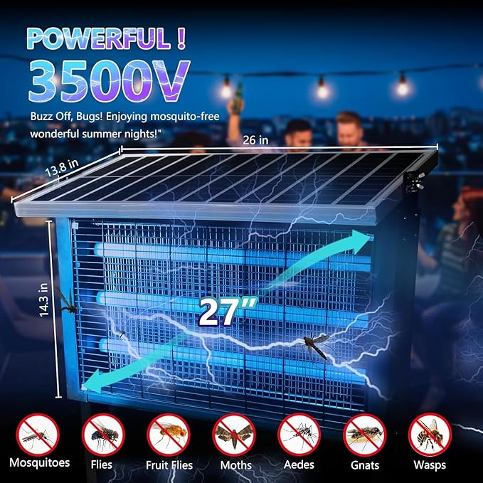 Powerful Super Large Solar Bug Zapper Outdoor for 8000 sq.ft, Rechargeable Solar Mosquito Zapper with High Powered, Outdoor Bug Zapper for Patio Garden Backyard RV Camping with 30W Solar Panel