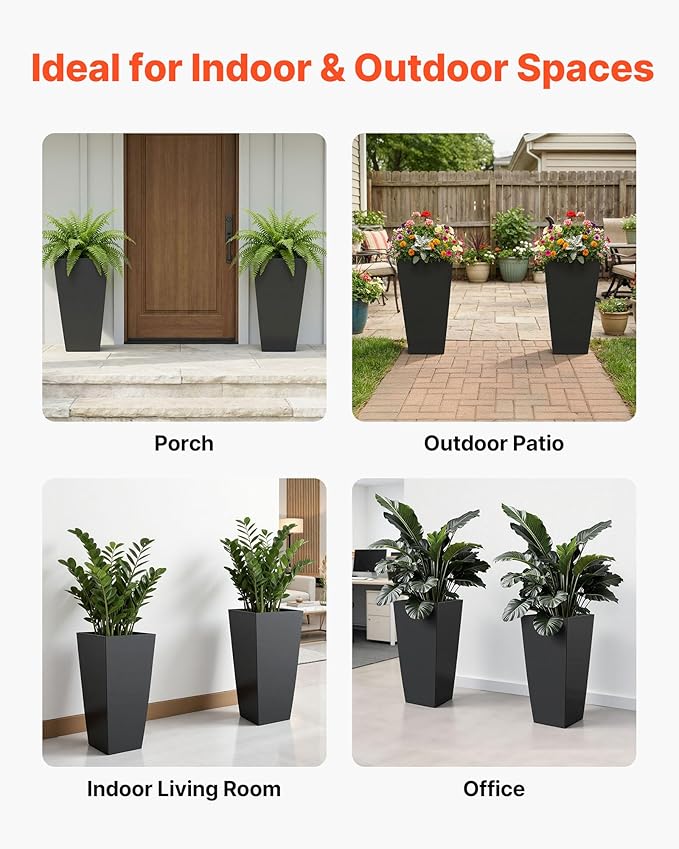 VEVOR 26 Inch Tall Planter Set of 2, Outdoor Large Tall Planters for Outdoor Indoor Plants, Tapered Black Planter for Front Porch, Patio, Garden, Plant Container Flower Pots with Built-in Drainage