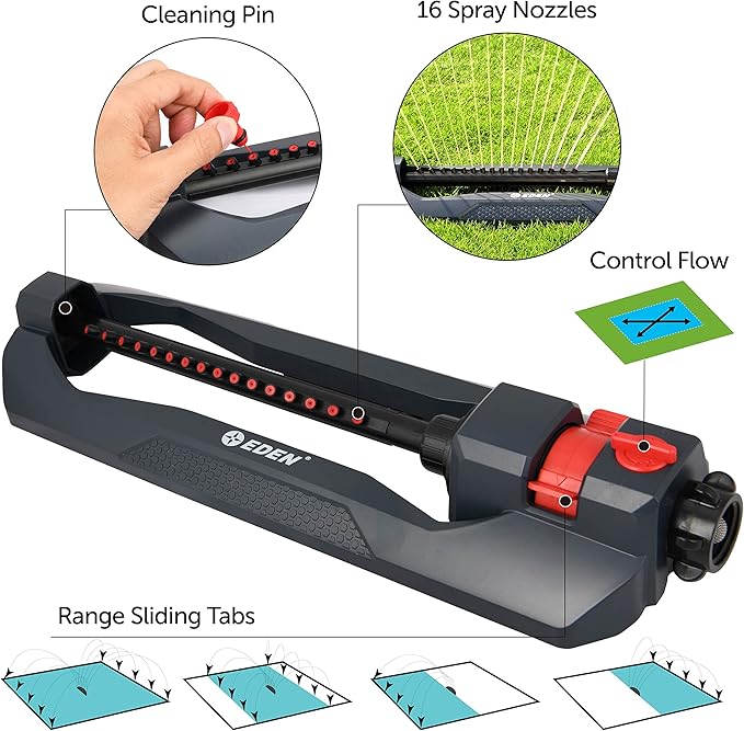 Eden 94105 Weighted Oscillating Sprinkler | Covers Up to 3,600 sq. ft., 16 Precision Nozzles, Adjustable Range, Flow Control, Turbo Drive Motor, Quick Connect Bundle