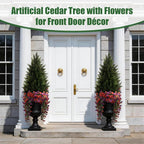 Artificial Topiary Cedar Trees 3FT Tall 2 Set with 12 Bundles Faux Silk Flowers, Outdoor Indoor Faux Pine Shrubs Plants, Fake Bushes Plants for Home Front Porch Door Patio