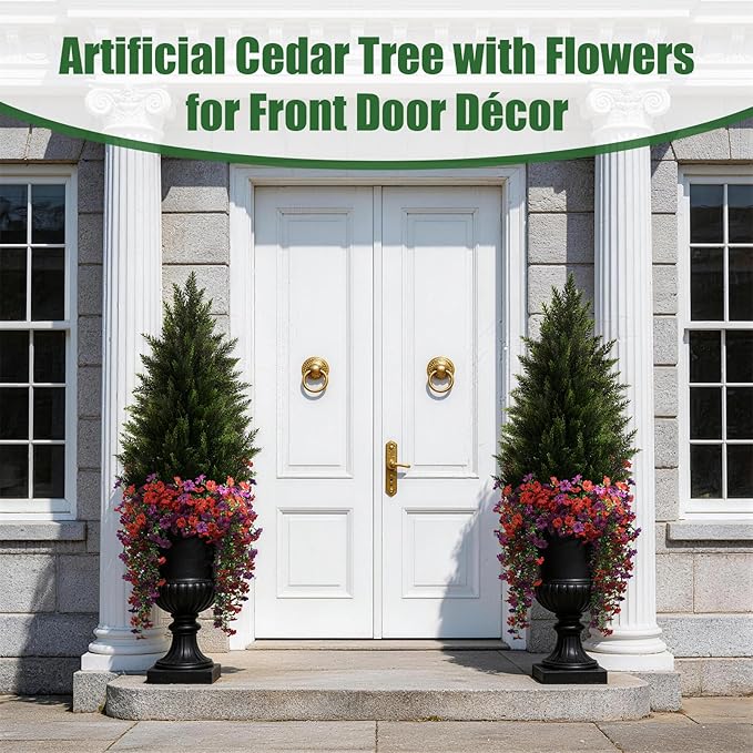Artificial Topiary Cedar Trees 3FT Tall 2 Set with 12 Bundles Faux Silk Flowers, Outdoor Indoor Faux Pine Shrubs Plants, Fake Bushes Plants for Home Front Porch Door Patio
