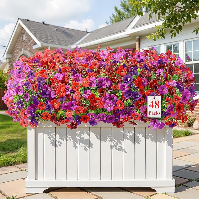 Alupssuc 48 Bundles Artificial Flowers for Outdoors Decoration, UV Resistant Silk Faux Floral Spring Fake Plastic Plants Greenery for Outside Indoor Garden Porch Window Box Home Decor(4 Colors)