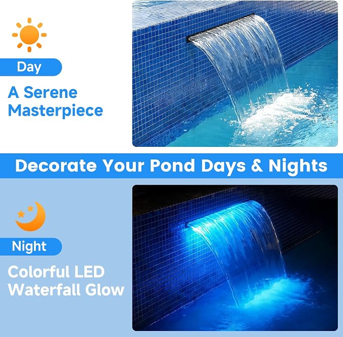 POPOSOAP 24 Inch Pond Waterfall Spillway Kit, RGB Multi-Color LED Lights Pond Waterfall with 1200GPH Pond Pump & 304 Stainless Steel, APP/Remote Control for Pond Garden Fish Tank Water Features-P46DC