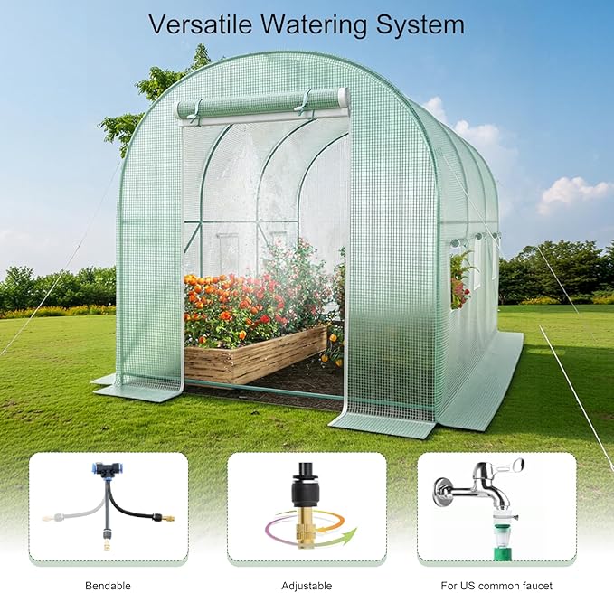 12x7x7 Walk-in Greenhouse with Watering System, Heavy Duty Green House for Outdoors, Portable Green Houses for Outside, Winter Hot House with Metal Frame & Roll-up Zipper Door Screen Windows
