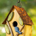 Glitzhome Birdhouse for Outdoor Hanging, 9.7" H Patio Garden Pet Cottage Distressed Decorative Birdhouse Wooden Bird House for Bluebird Wren Sparrow Finch Cardinal, Leaves Rustic Yellow