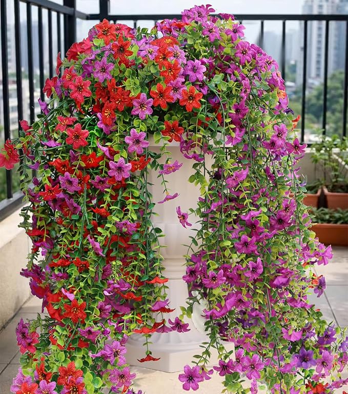 Artificial Hanging Flowers for Outdoors, 4 Pack Fake Hanging Plant for Spring Summer Decor, UV Resistant Faux Silk Flower for Planter Porch Patio Balcony Yard Decoration ( Light Purple & Rose Red)