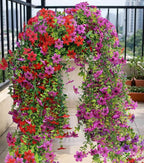 Artificial Hanging Flowers for Outdoors, 4 Pack Fake Hanging Plant for Spring Summer Decor, UV Resistant Faux Silk Flower for Planter Porch Patio Balcony Yard Decoration ( Light Purple & Rose Red)