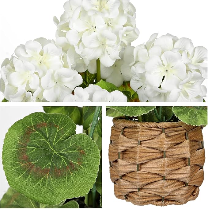 Briful Artificial Geraniums Flowers Potted Plant - 13.7'' Tall Faux White Silk Realistic Lush Geraniums Flowers in Basket, Indoor&Outdoor Decorative Plant, Farmhouse Home Porch Office Patio Table