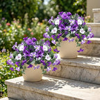 CEWOR 4pcs Artificial Flowers Plants for Outdoor Indoor, Fake Silk Flowers UV Resistant Faux Petunias Flower for Garden Front Door Porch Planter Patio Home Decor (Purple White)