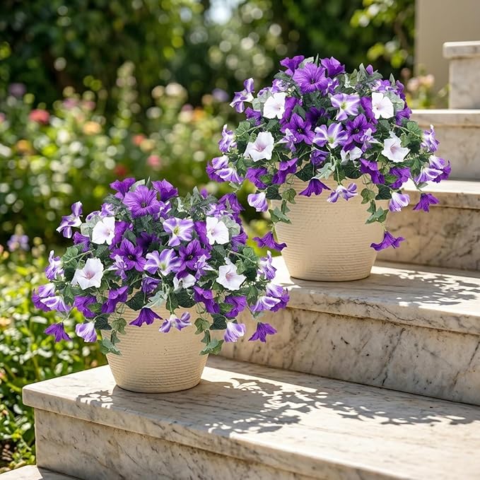 CEWOR 4pcs Artificial Flowers Plants for Outdoor Indoor, Fake Silk Flowers UV Resistant Faux Petunias Flower for Garden Front Door Porch Planter Patio Home Decor (Purple White)