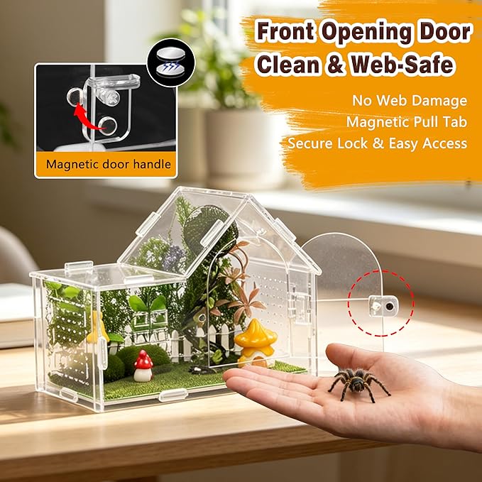 Jumping Spider Enclosure, Acrylic Cabin Terrarium with Sloped Roof & Magnetic Front Door, for Arboreal Pets, Mantis, Small Reptile Habitat (Green, L 7.9",W 3.9",H 5.9")