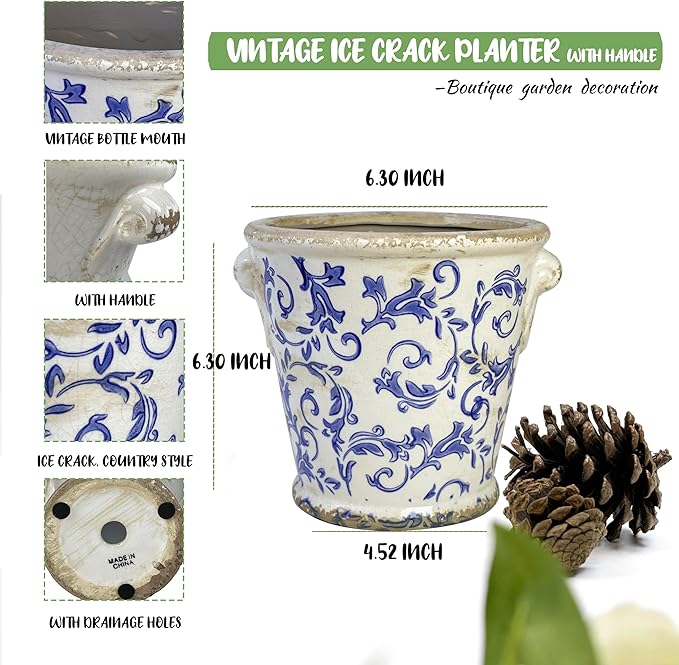 Dosayes Vintage Ceramic Flower Pot with Drainage Holes and Handle,Ice Crack Country Rustic Planters for Indoor Outdoor,Tuscan Decor,Home and Garden Decor,Gardening Present